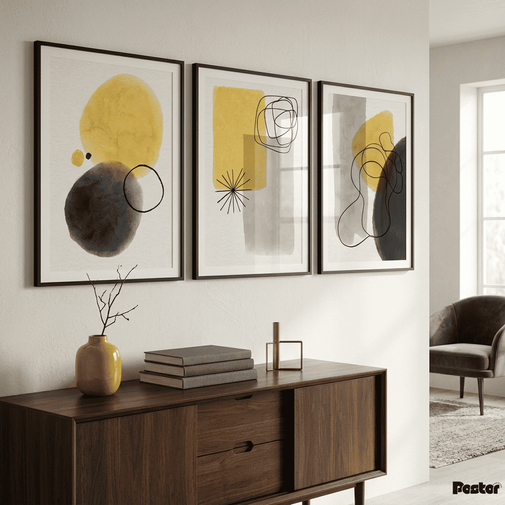 Solar Echoes: 3-Piece Minimalist Mustard and Charcoal Abstract Set
