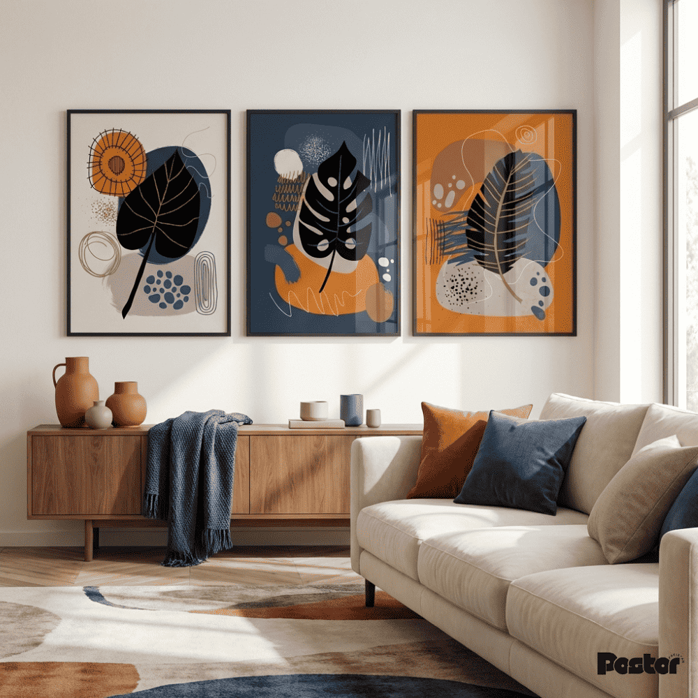 Navy, Orange & Botanical Leaf Abstract Wall Art Set - Postor.pk