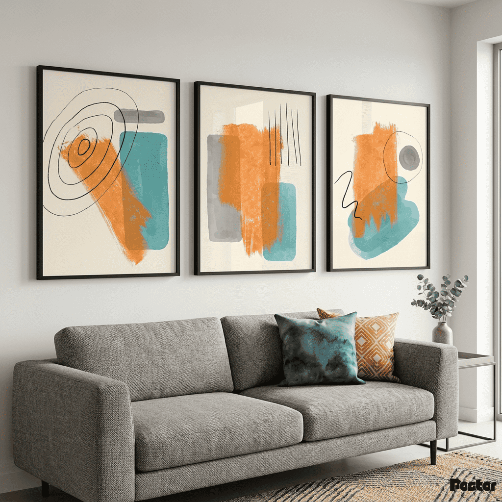 Vibrant Fusion: 3-Piece Teal and Burnt Orange Expressionist Abstract Set - Postor.pk