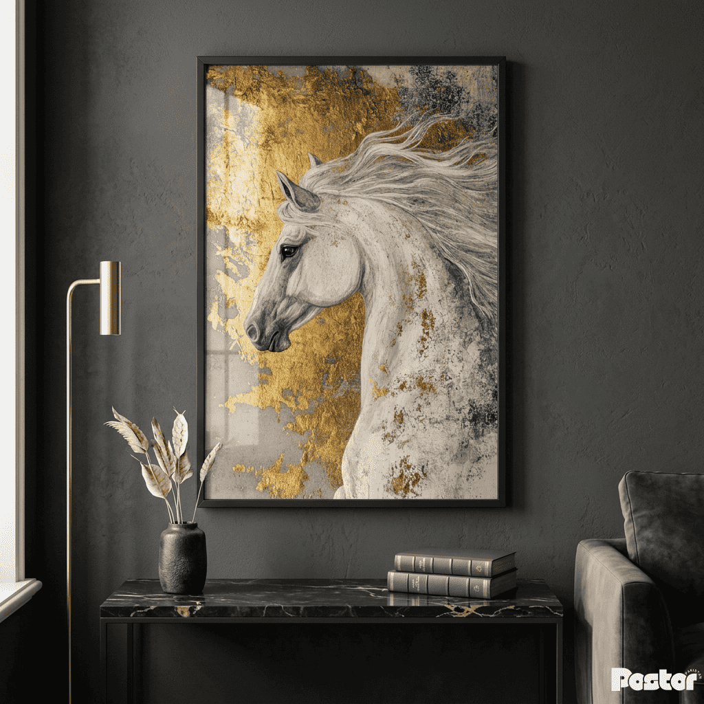 Majestic White Horse with Gold Leaf Accents Framed Poster - Postor.pk