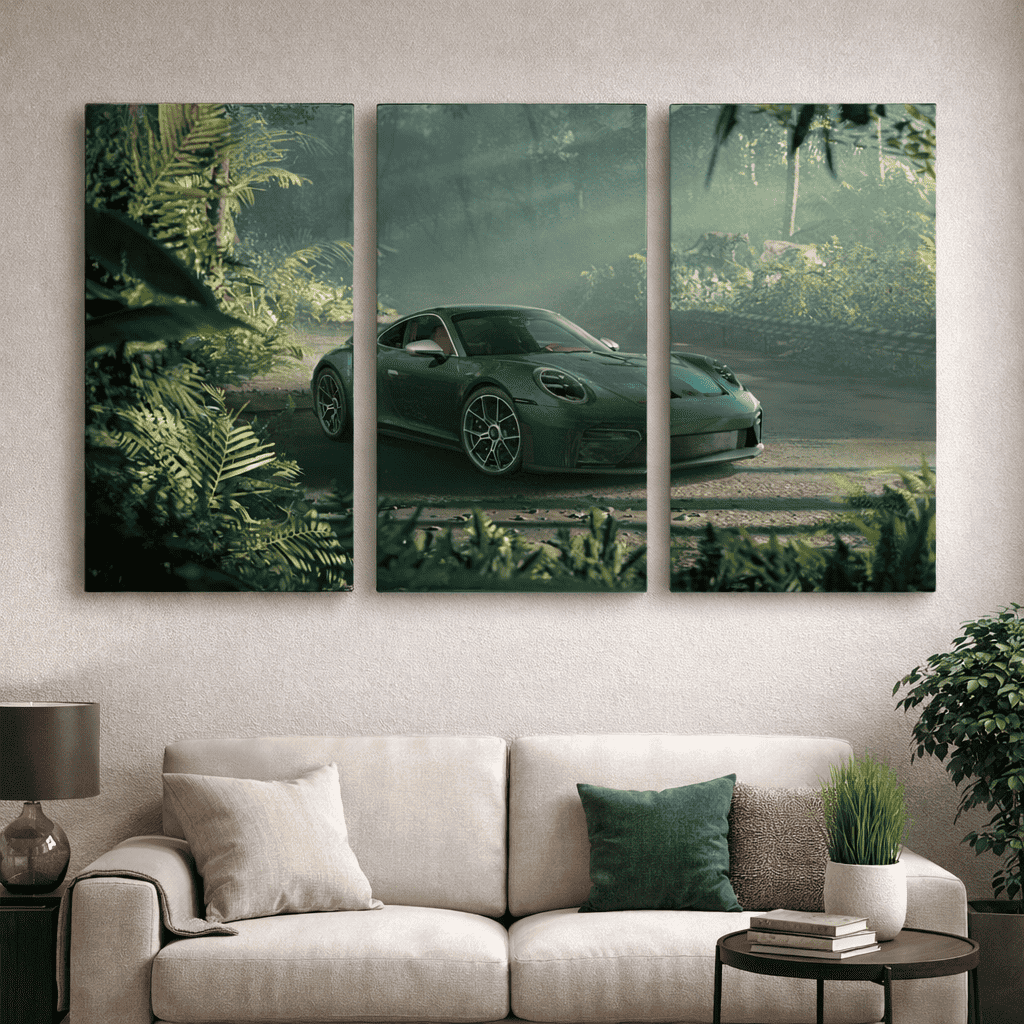 Porsche in Green Forest - 3 Panel Wall Art - #3SA020 - Postor.pk