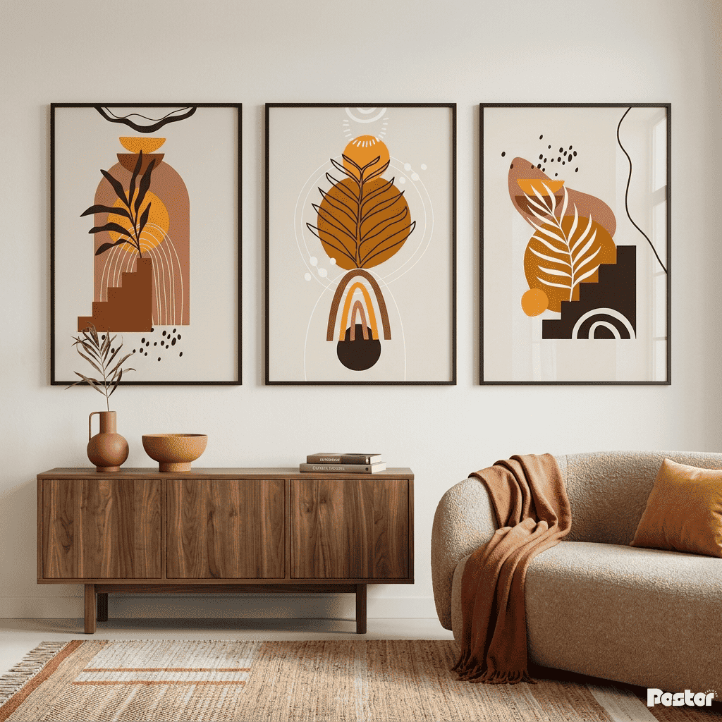 Desert Oasis: 3-Piece Minimalist Terracotta and Ochre Botanical Set - Postor.pk
