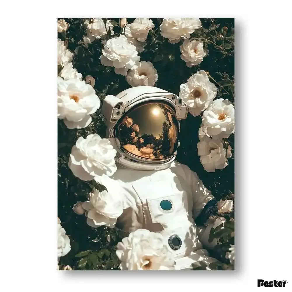 Astronaut Resting in White Rose Garden