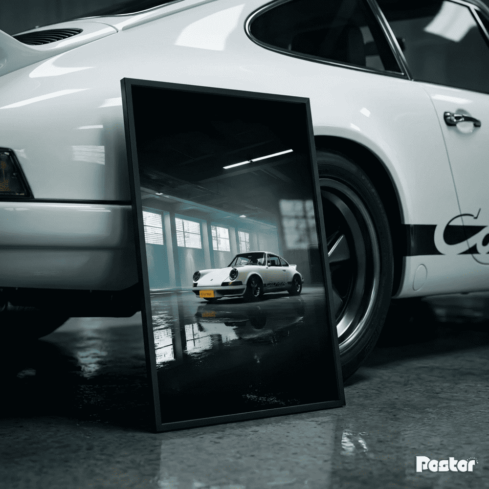 White Porsche 911 Carrera RS Classic in Dramatic Moody Garage - Postor.pk
