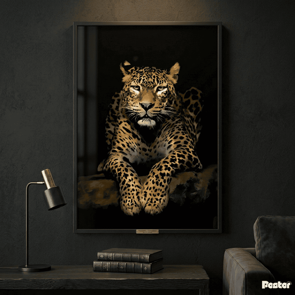 Intense Leopard Gaze Dark Interior Framed Poster