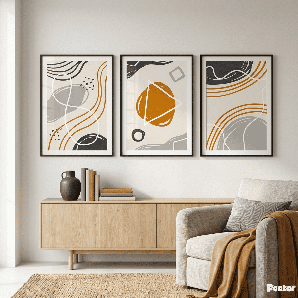 Abstract Geometry: 3-Piece Minimalist Shapes & Lines Art Set - Postor.pk