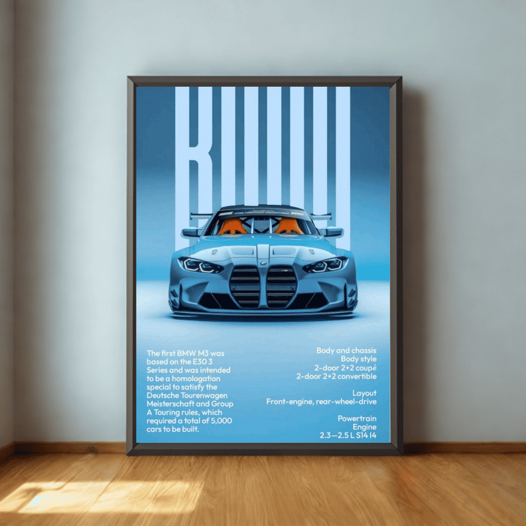 Framed poster of a blue sports car on a wall