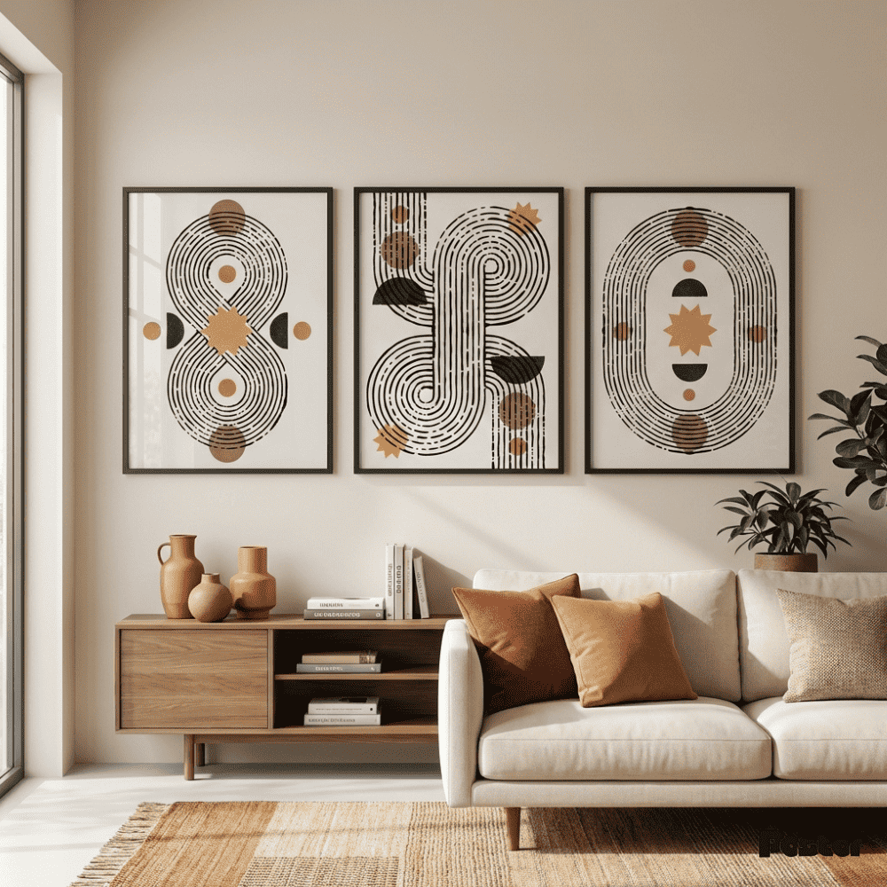 Boho Geometric Line Pattern Wall Art Set - Postor.pk