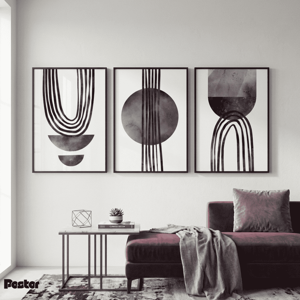 Dark Plum Minimalist Geometric Line & Circle Wall Art Set - Postor.pk