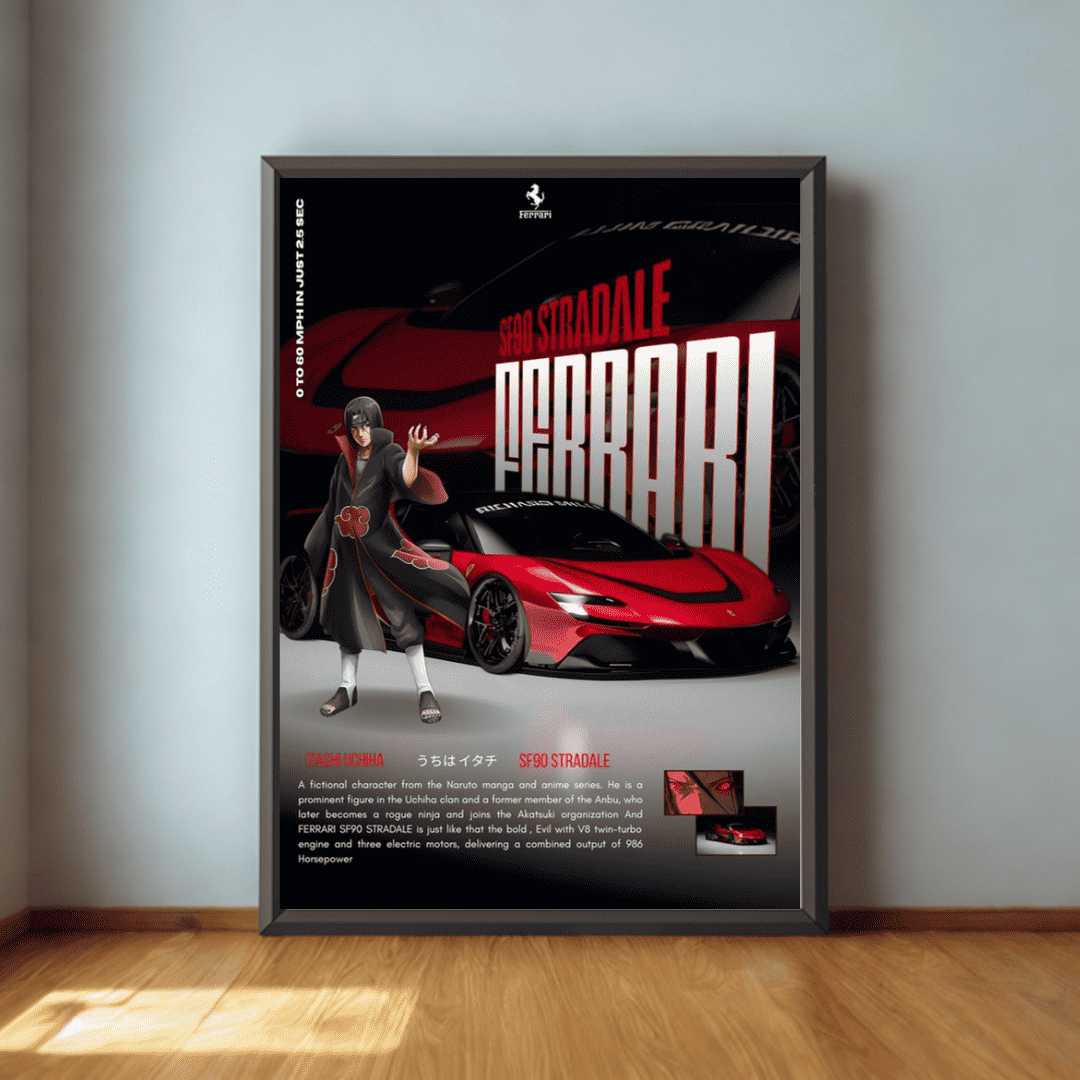 Framed poster of a red Ferrari Stradale with a person standing next to it on a light gray wall.