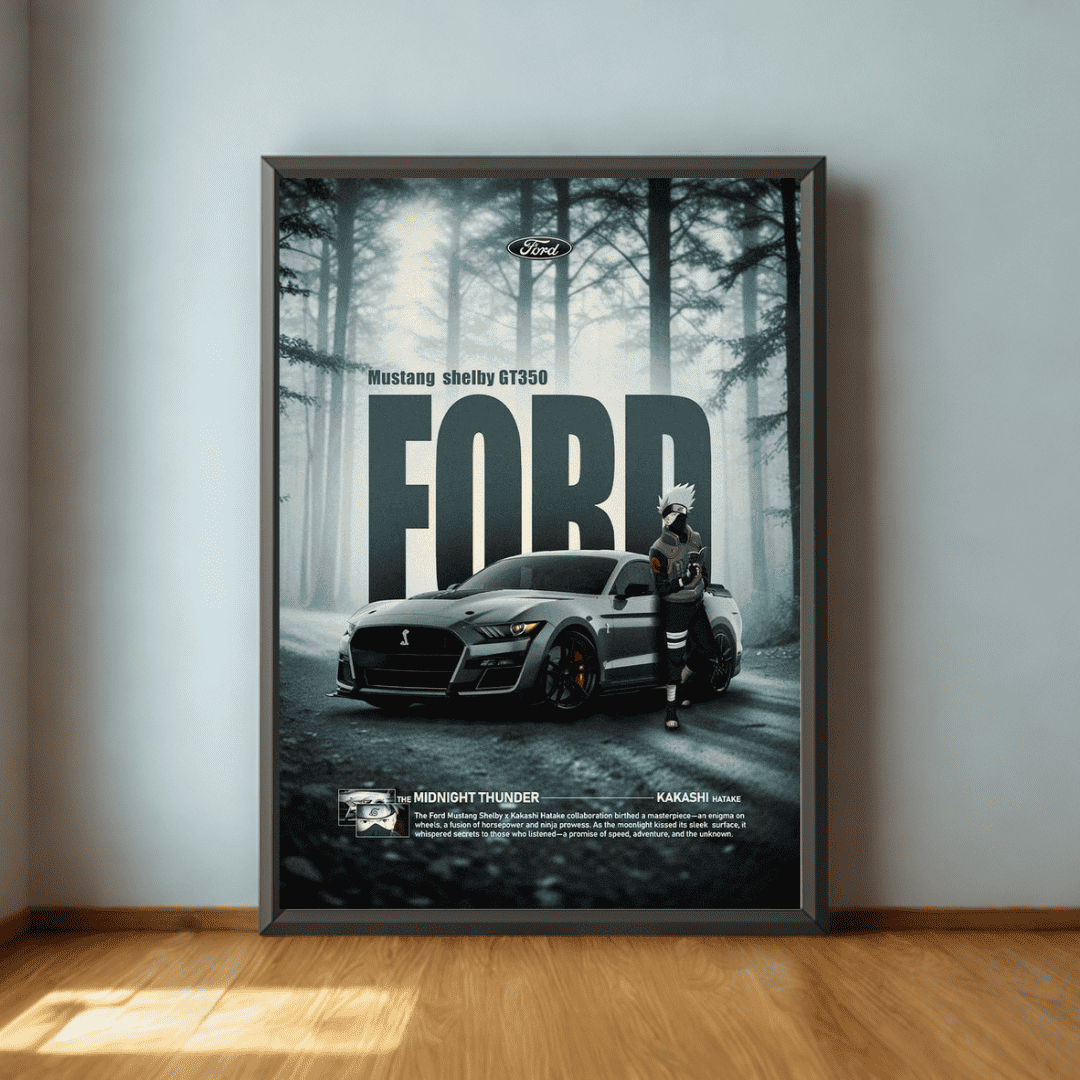 Framed poster of a Ford Mustang Shelby GT350 in a forest setting on a wall.