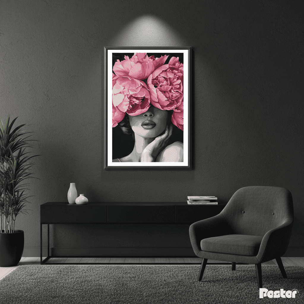 Black and White Portrait with Pink Peonies Flower Crown Art - Framed Poster #P118 - Postor.pk