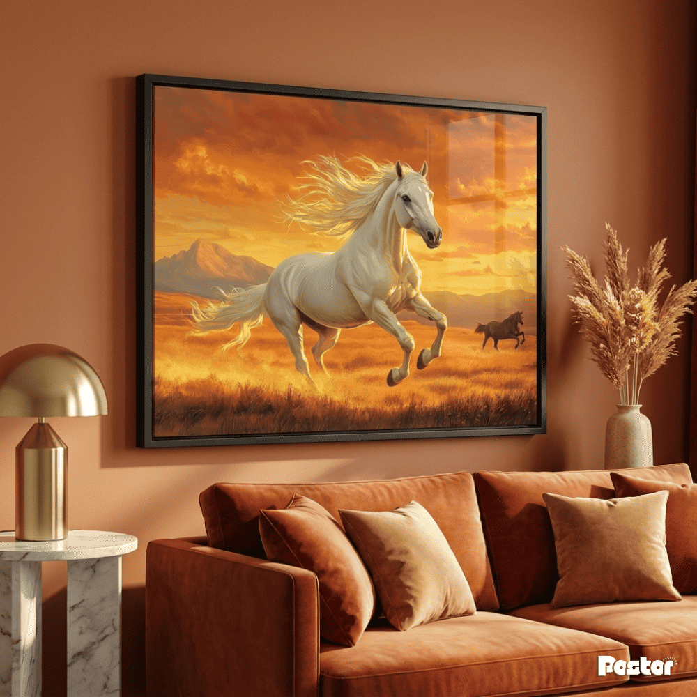 Horse Running at Blazing Sunset Over Mountain Plains - Postor.pk