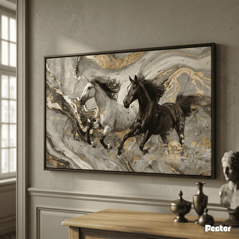 Horses Racing Through Marble & Gold Abstract - Postor.pk