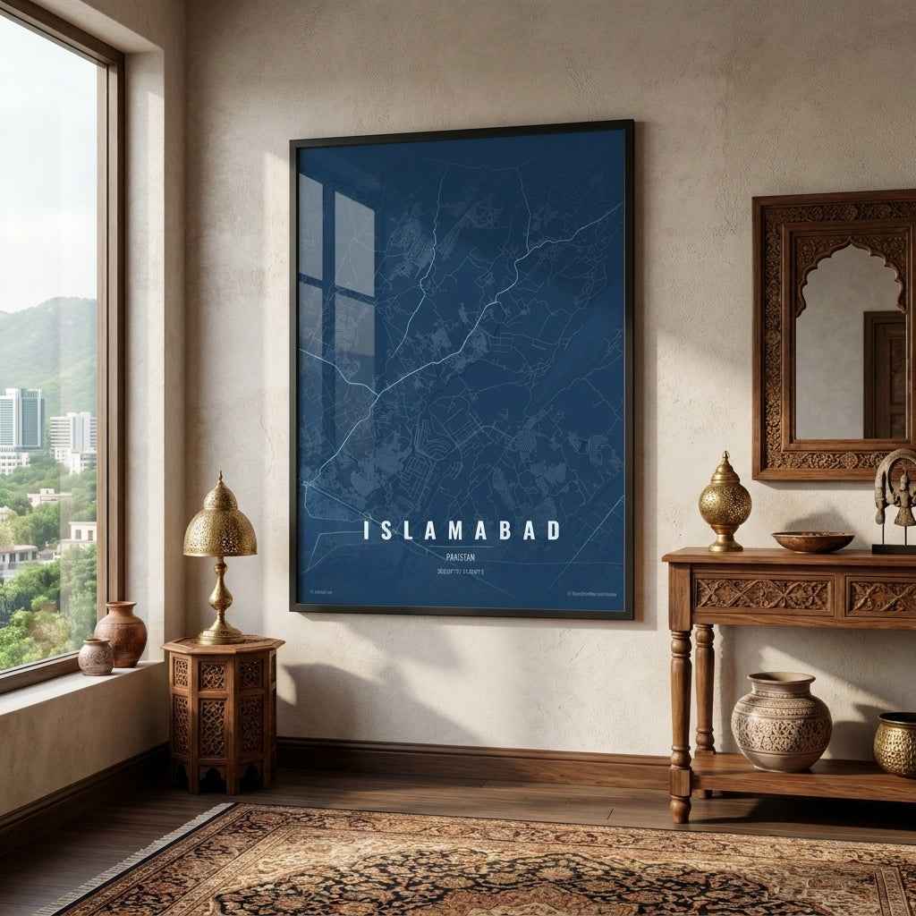 Islamabad City Blueprint Map Art | Royal Blue & White Minimalist Capital Wall Decor