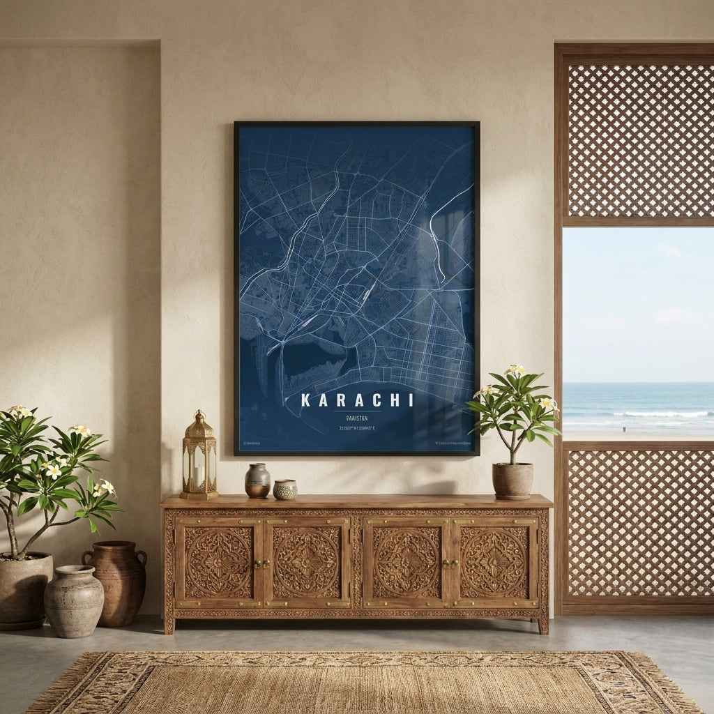 Karachi City Blueprint Map Art | Midnight Blue & White Minimalist Gallery Wall Decor