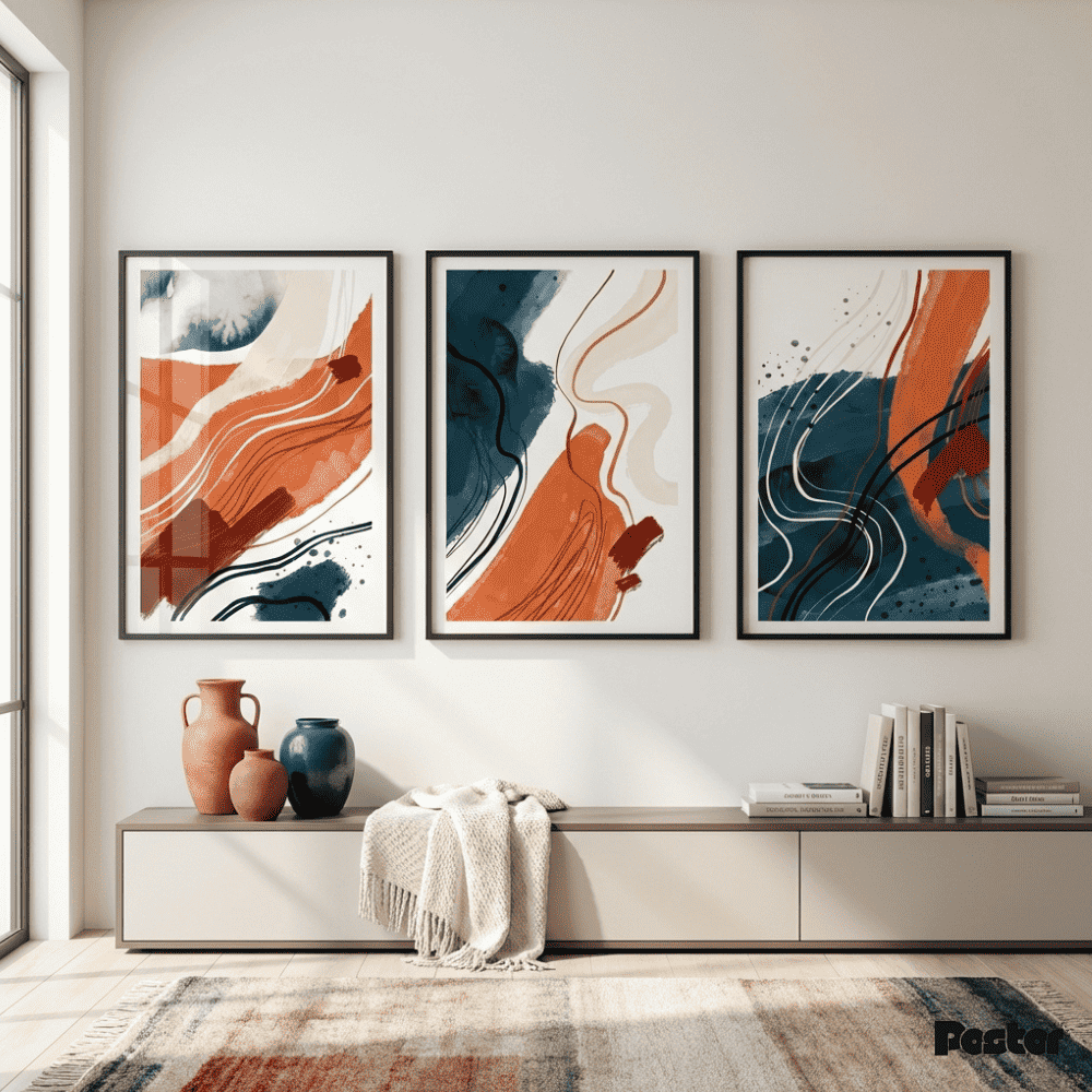 Orange & Teal Abstract Brushstroke Triptych Frames Set - Postor.pk