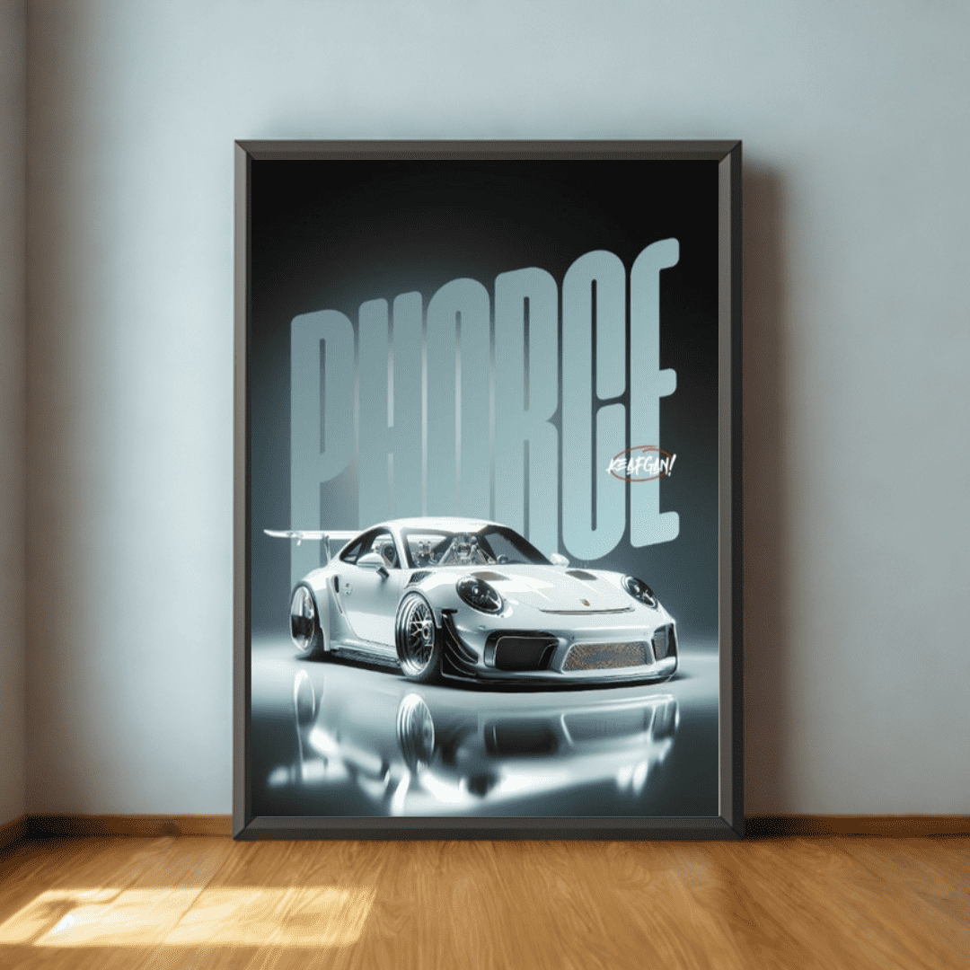Framed poster of a white sports car with 'Pharoe' text on a gray wall.