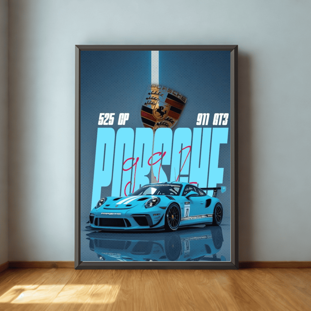 Framed poster of a blue Porsche car with racing details on a light gray wall.