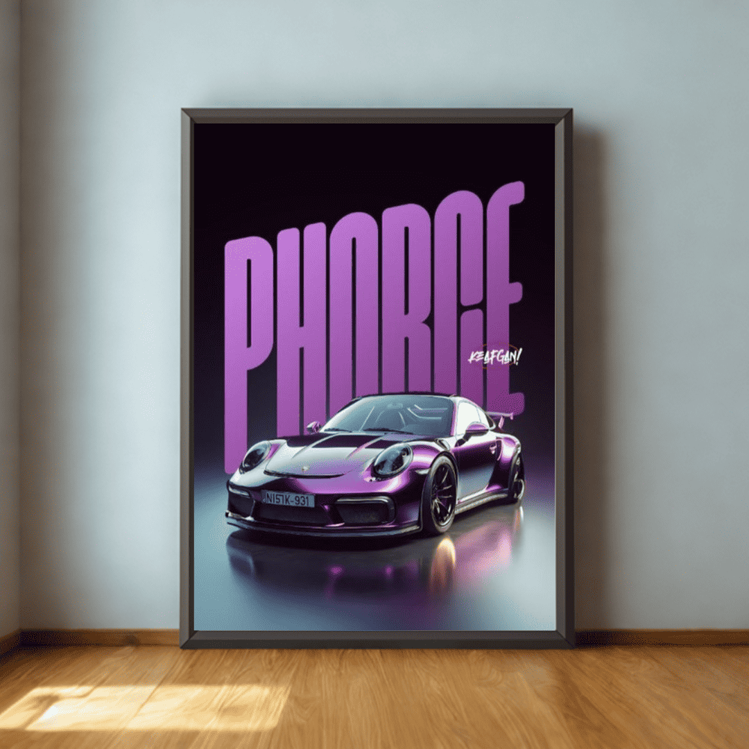 Framed poster of a purple sports car with 'PHARAO' text on a wall.