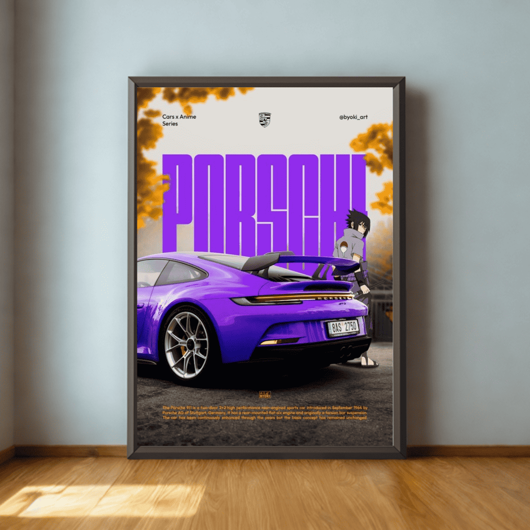 Framed poster of a purple Porsche car with 'Porsche' text on a wall.