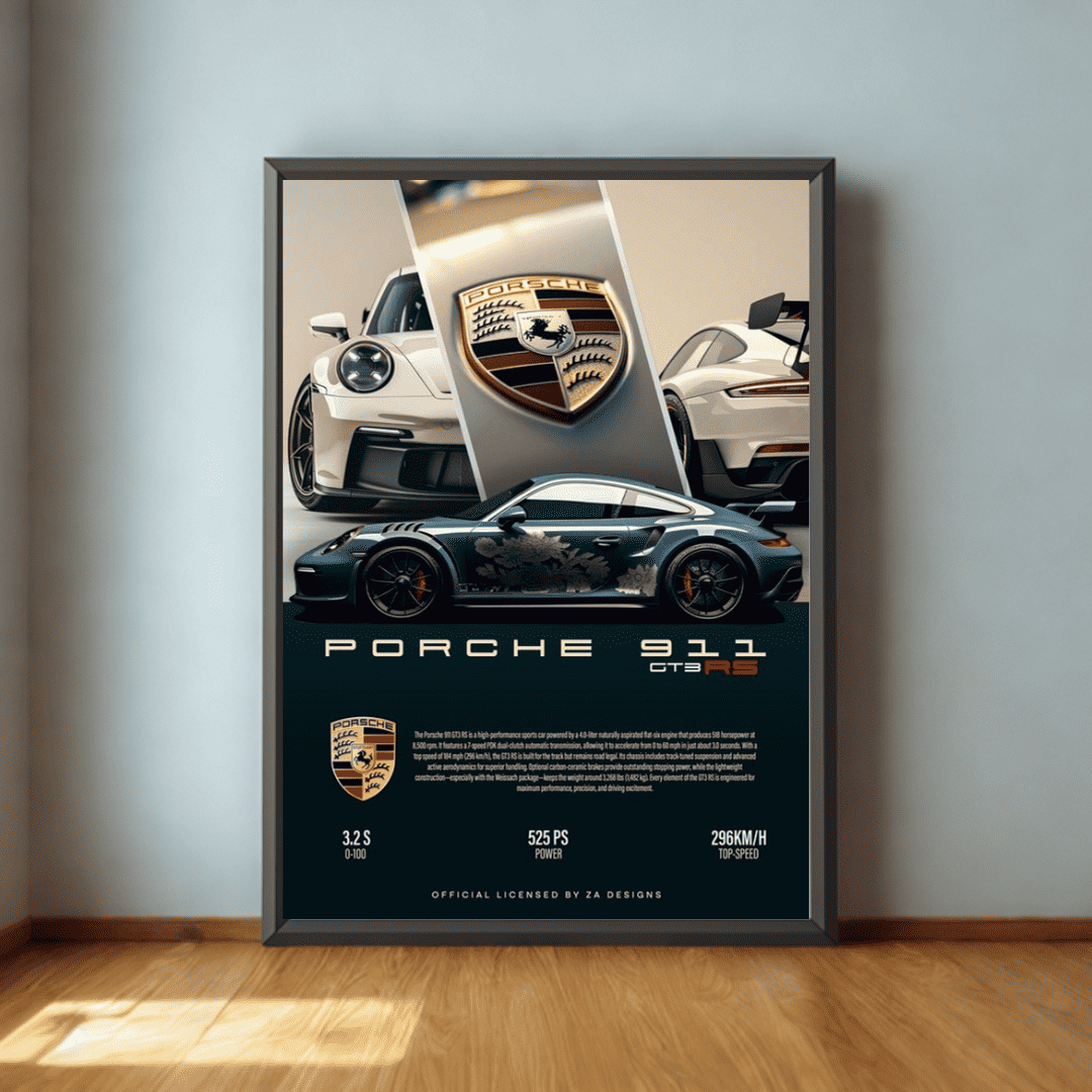 Framed poster of Porsche 911 cars on a wall