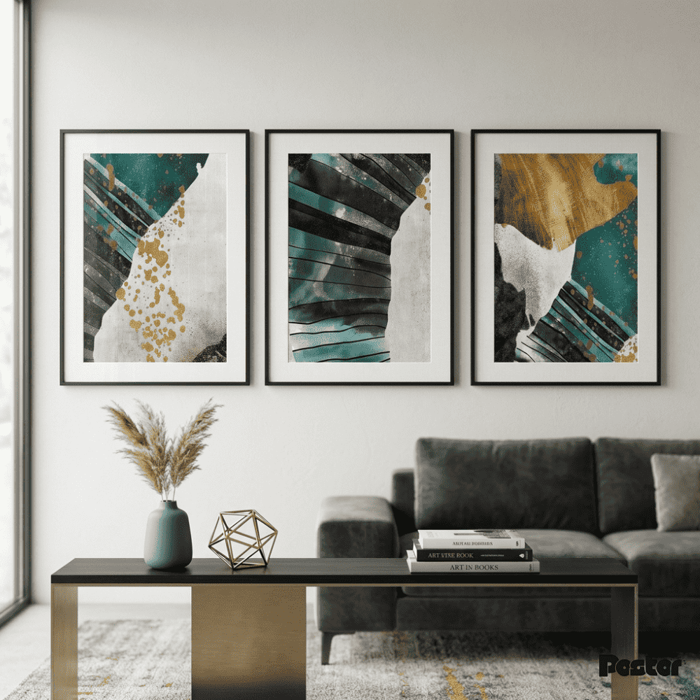 Teal, Black & Gold Textured Abstract Wall Art Set - Postor.pk
