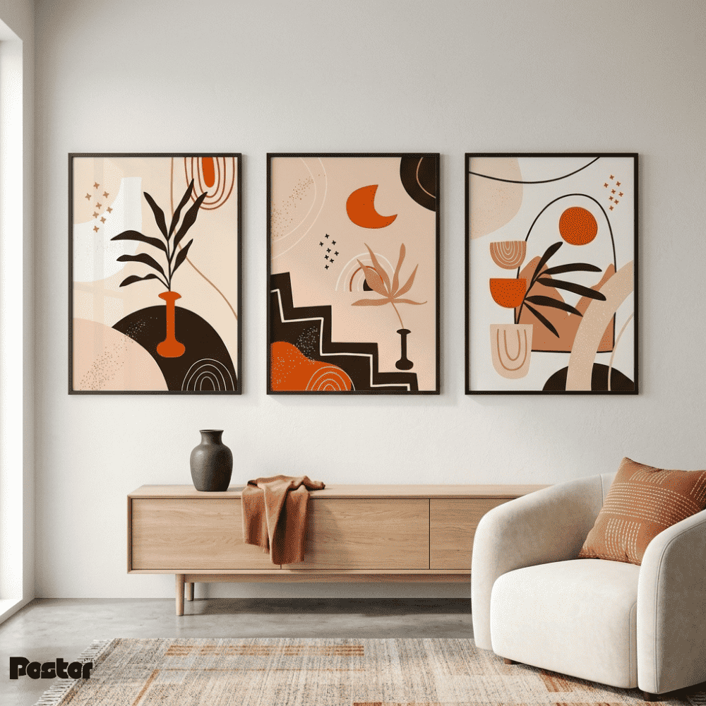 Terracotta, Cream & Black Botanical Abstract Wall Art Set - Postor.pk