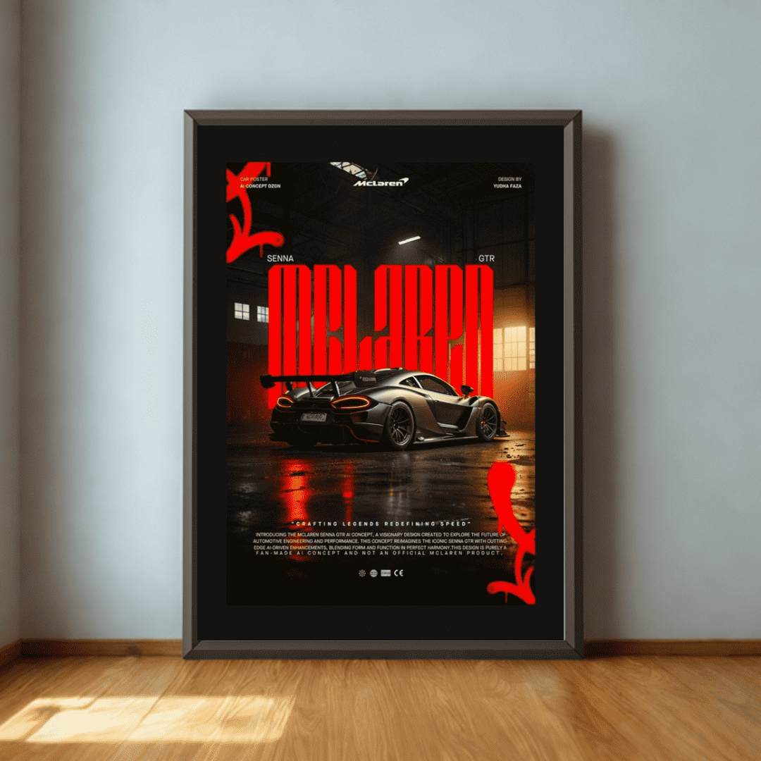 Framed poster of a car with red text on a gray wall.