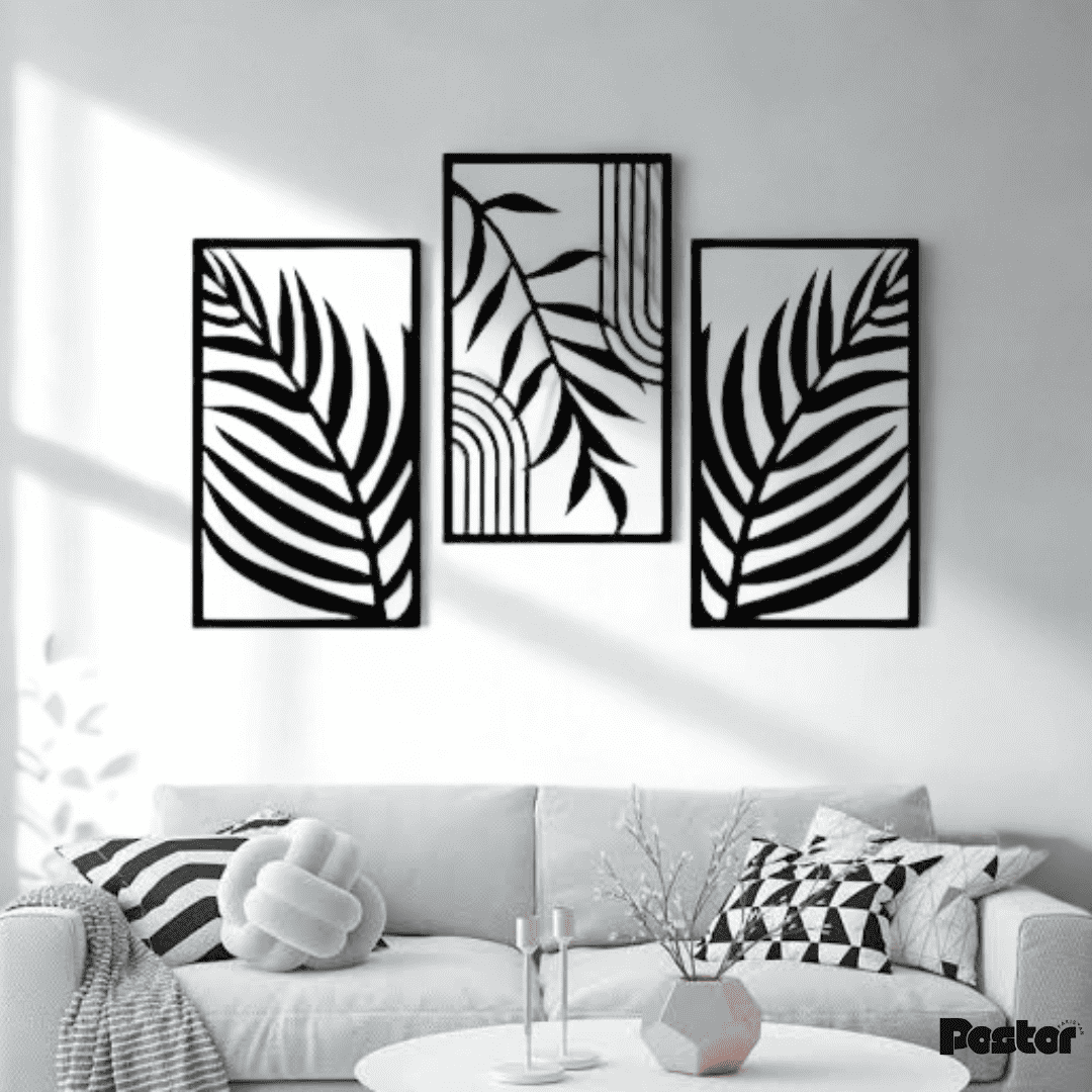 Modern Black and White Leaves 3-Piece Acrylic Wall Art Set - #A005 - Postor.pk