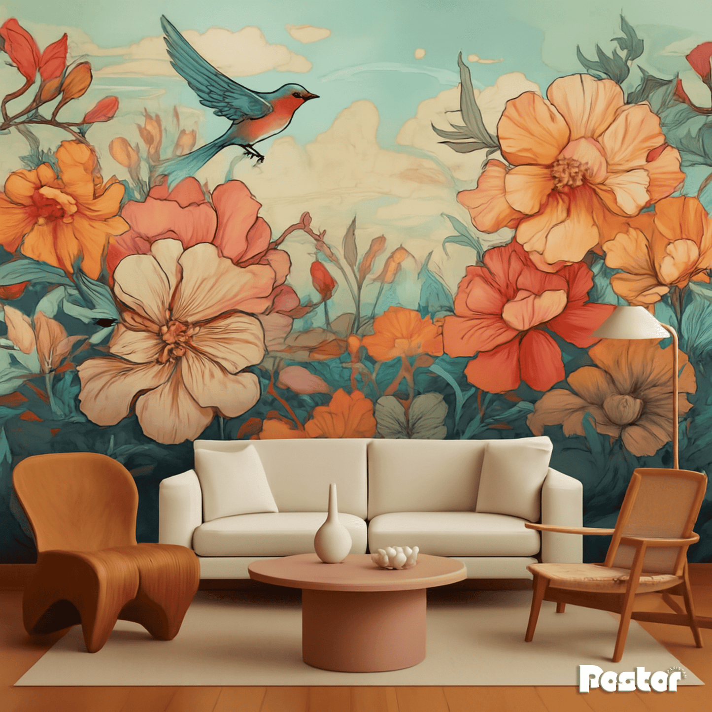 “Whimsical Meadow” Floral & Bird Wallpaper Mural #W017 - Postor.pk