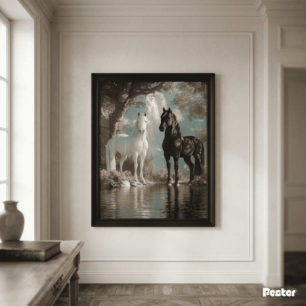 White & Black Horses by the Enchanted Waterfall - Postor.pk