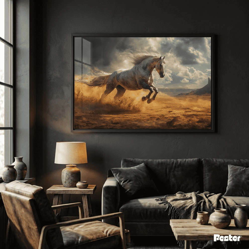 White Horse Galloping Through Desert Dust Under Dramatic Skies - Postor.pk