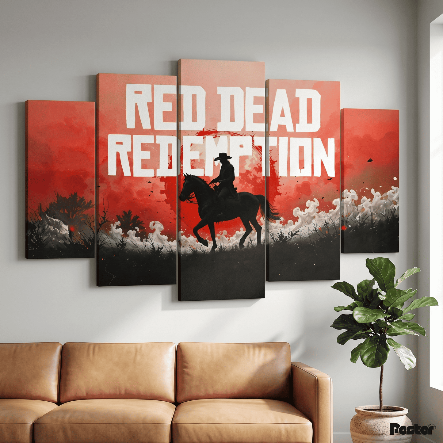 Red Dead Redemption Horse Silhouette 5-Panel Split Art