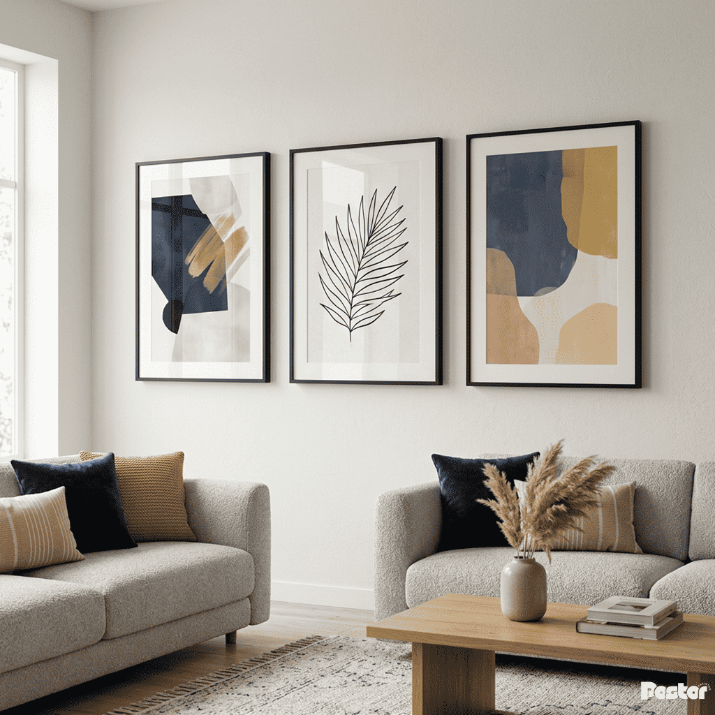 Azure & Earth: 3-Piece Minimalist Fern & Watercolor Abstract Set