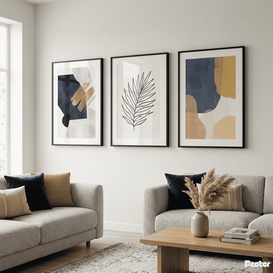 Azure & Earth: 3-Piece Minimalist Fern & Watercolor Abstract Set