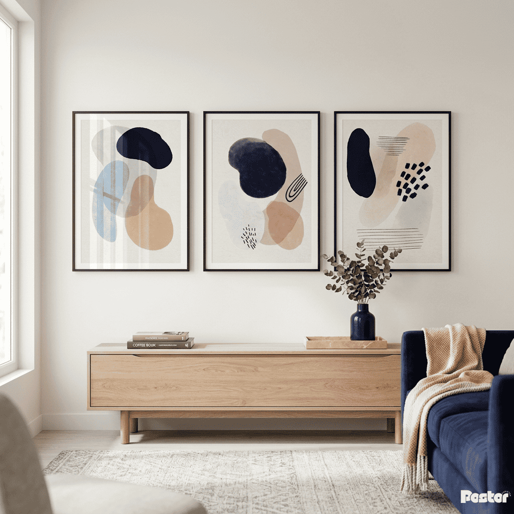 Pastel Pulse: 3-Piece Minimalist Navy & Blush Organic Abstract Set