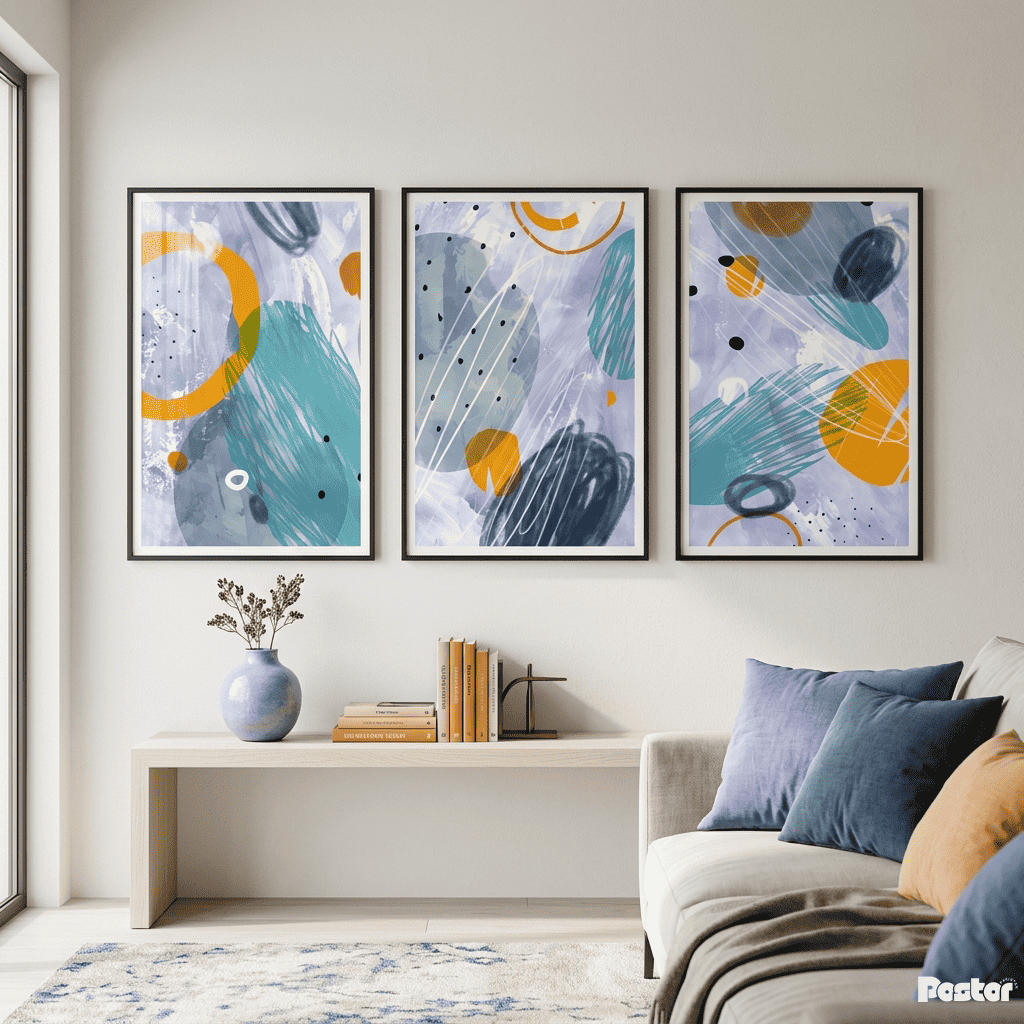 Celestial Bloom: 3-Piece Expressionist Lavender and Teal Abstract Set