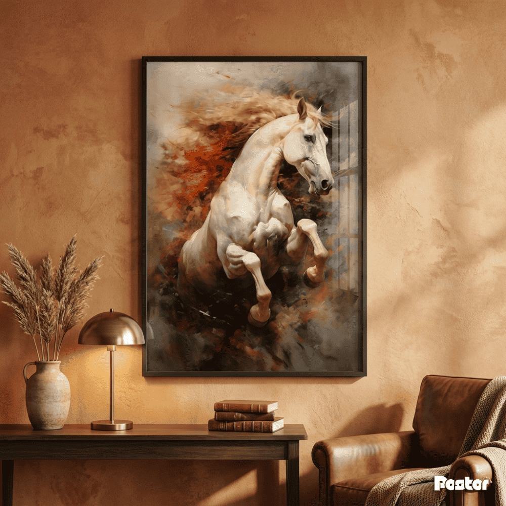 White Horse Rearing in Vivid Abstract Fire & Color Splash - Postor.pk