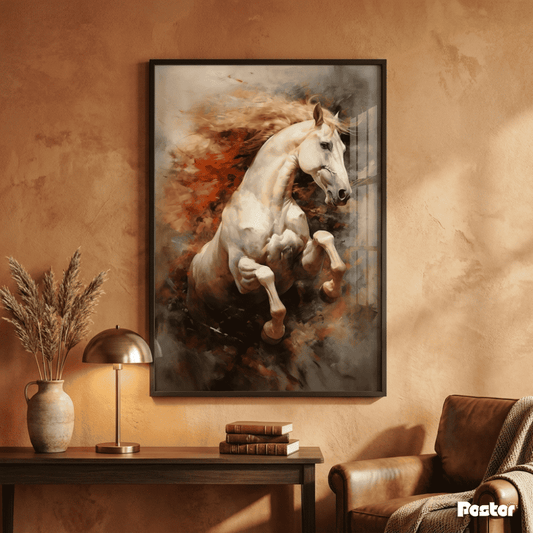 White Horse Rearing in Vivid Abstract Fire & Color Splash - Postor.pk