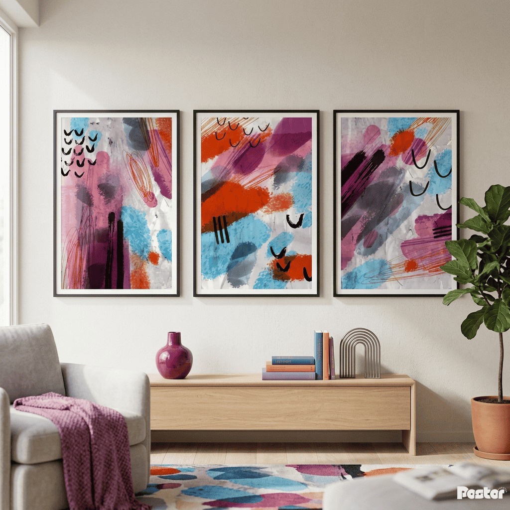 Vivid Energy: 3-Piece Expressionist Magenta and Sky Blue Abstract Set