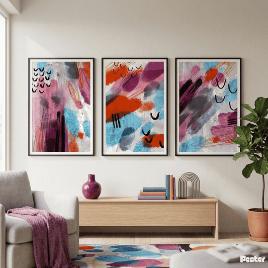 Vivid Energy: 3-Piece Expressionist Magenta and Sky Blue Abstract Set