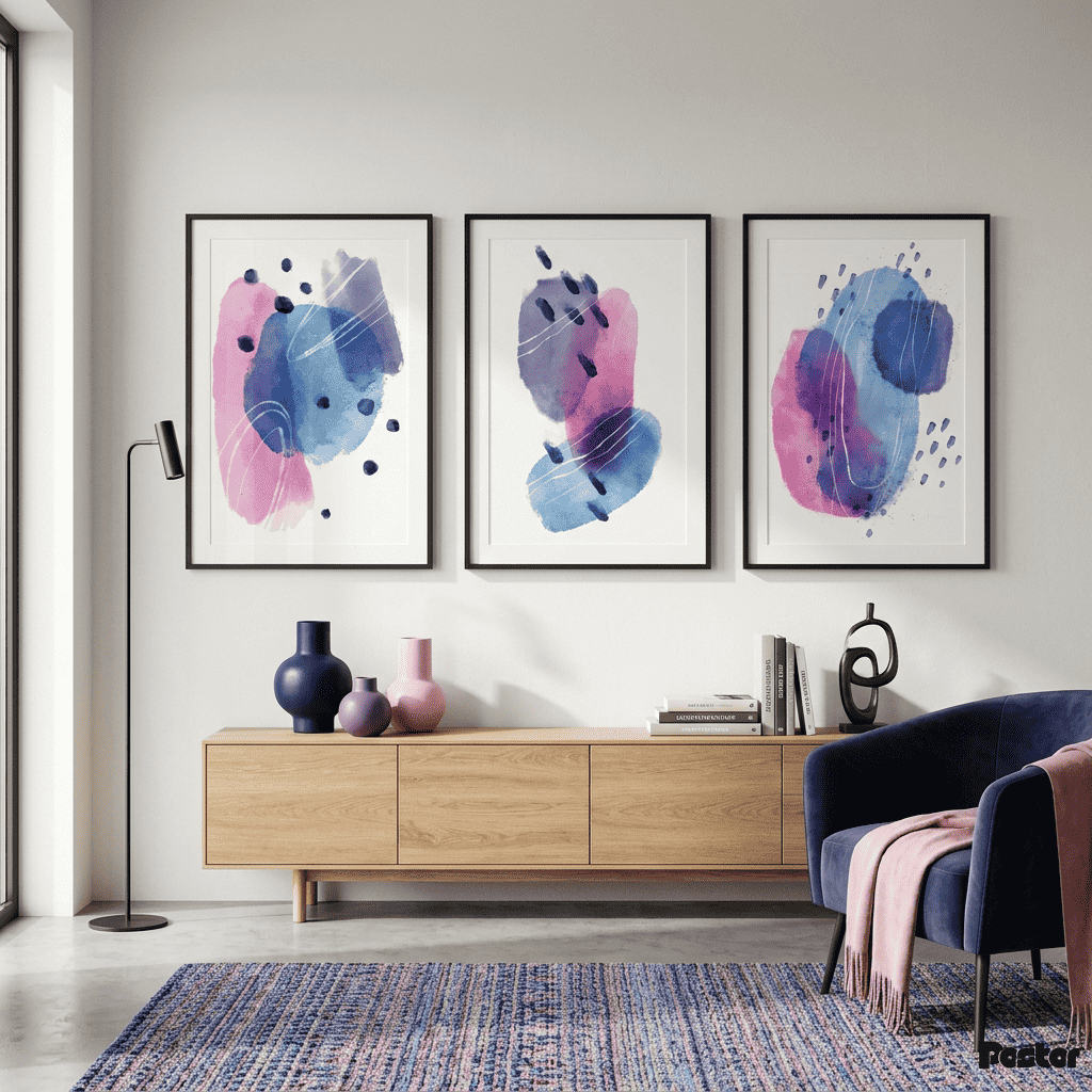 Amethyst Drift: 3-Piece Minimalist Indigo and Magenta Watercolor Set