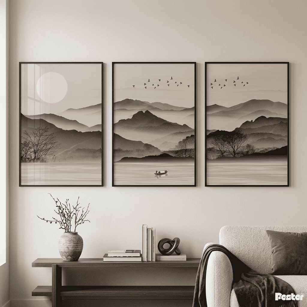 Ink & Mist: Traditional-Style 3-Piece Landscape Silhouette Posters