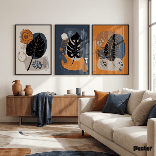 Navy, Orange & Botanical Leaf Abstract Wall Art Set - Postor.pk