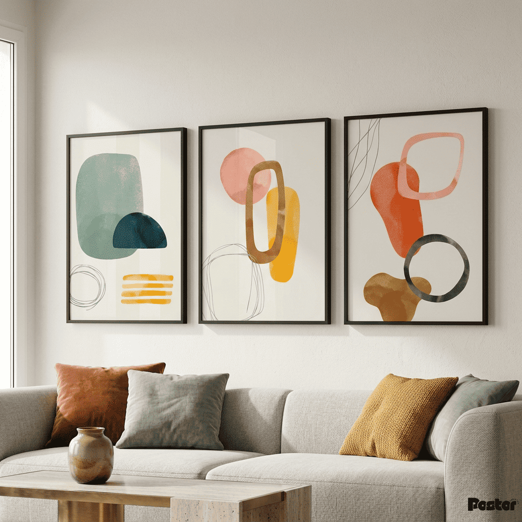 Pastel Geometry: 3-Piece Minimalist Sage and Terracotta Abstract Set - Postor.pk