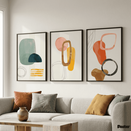 Pastel Geometry: 3-Piece Minimalist Sage and Terracotta Abstract Set - Postor.pk