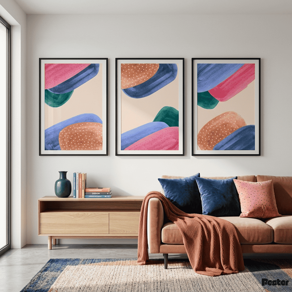 Coastal Echoes: Modern Watercolor Geometric 3-Piece Wall Art Collection
