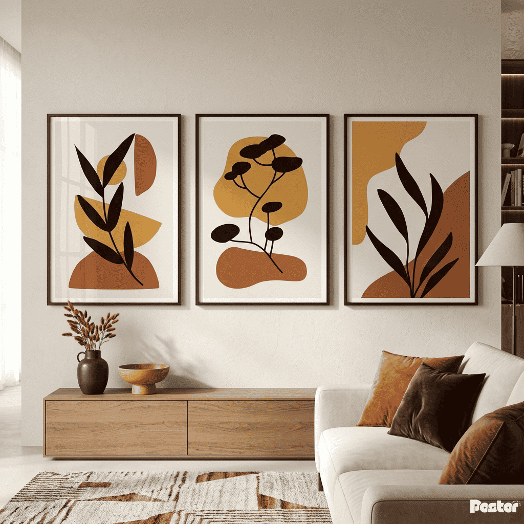 Golden Glade: 3-Piece Minimalist Earth Tone Botanical Silhouette Set