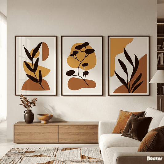 Golden Glade: 3-Piece Minimalist Earth Tone Botanical Silhouette Set